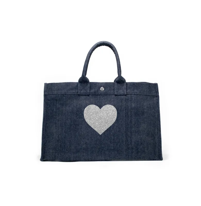 Love Collection: East-West Bag Denim Silver Heart sold by Quilted Koala