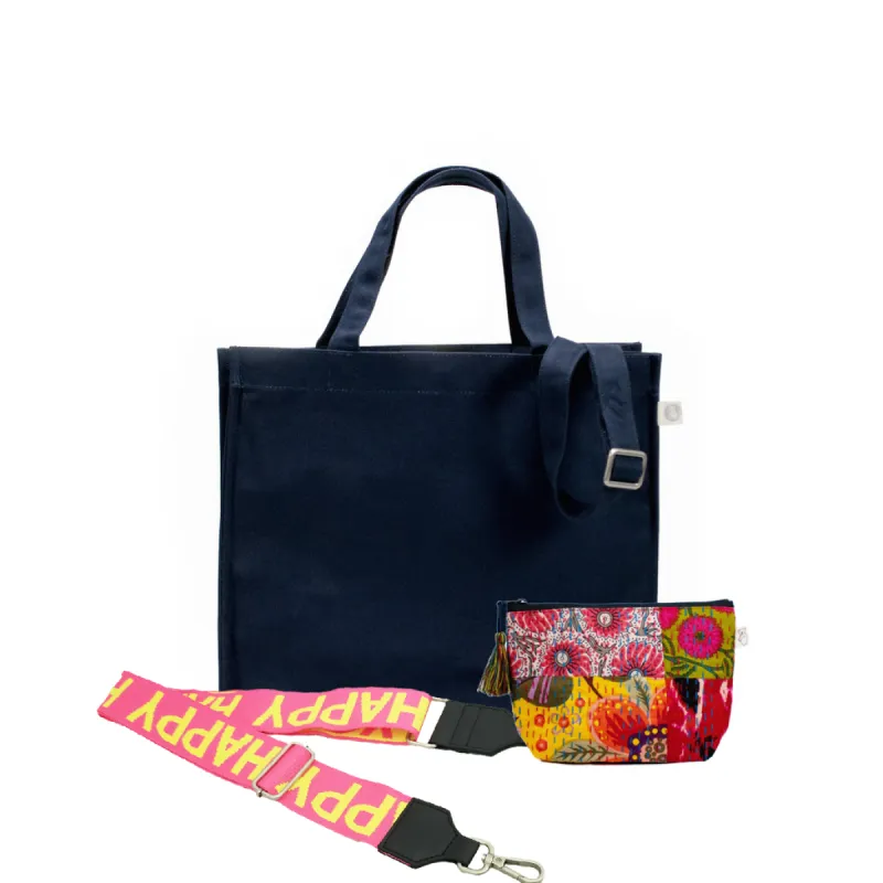 Navy Magazine Bag with Yellow/Pink HAPPY Strap & Bright Multi Boho Makeup Bag (Only $64, plus a FREE Strap + Makeup Bag with code: FALL64) sold by Quilted Koala