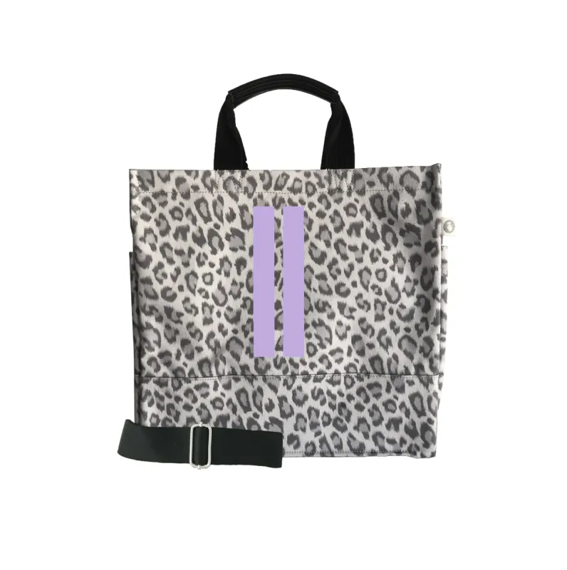 Luxe North South Bag: Grey Leopard with Lilac Matte Double Stripes sold by Quilted Koala