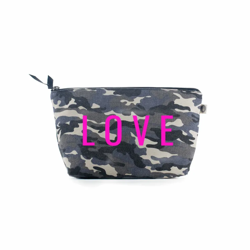 Clutch Bag Grey Camouflage with Neon Pink Matte LOVE sold by Quilted Koala