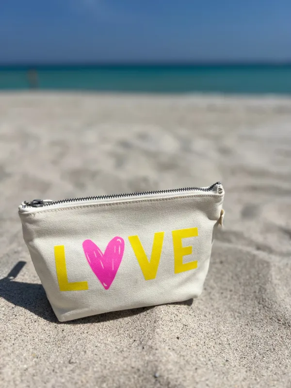 Makeup Bag Natural with LOVE with pink Heart sold by Quilted Koala