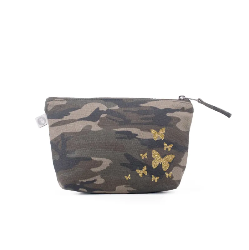 Makeup Bag Green Camo with Gold Glitter Scatter Butterflies sold by Quilted Koala