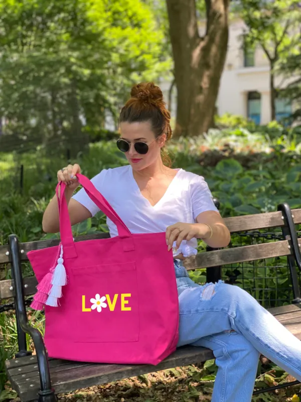 Hot Pink Everything Bag Yellow/White Daisy LOVE - sold by Quilted Koala