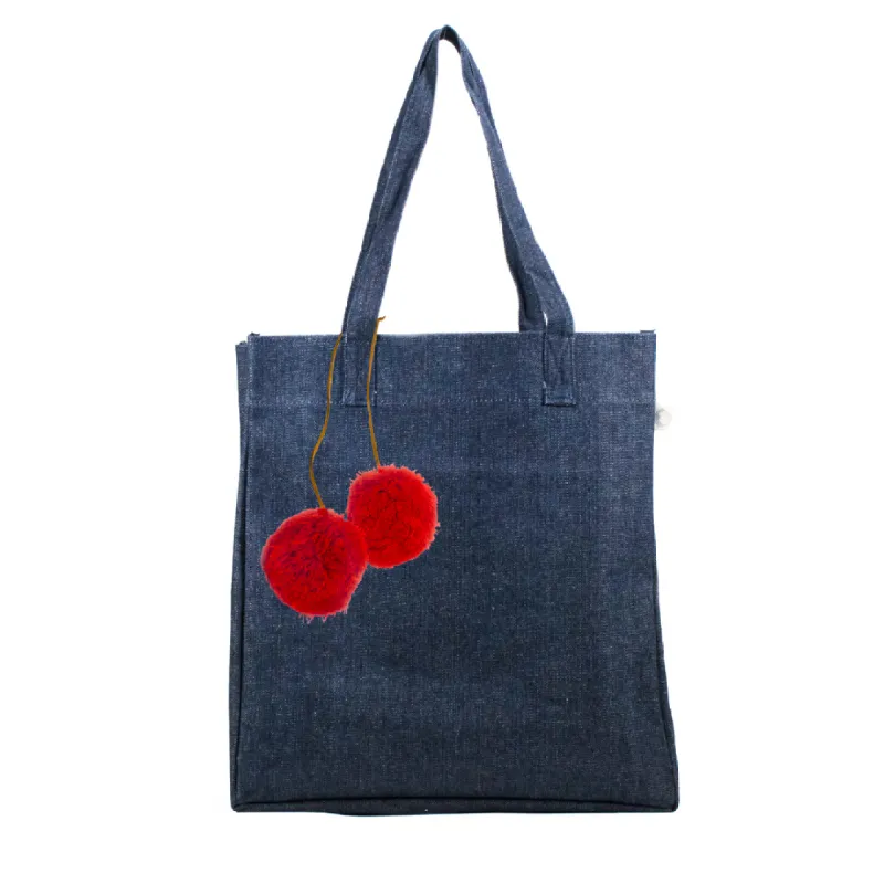 Upright Bag: Denim with Red Pom Poms sold by Quilted Koala