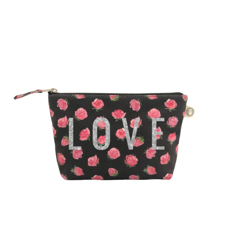 Makeup Bag: Black Floral with Silver Glitter LOVE sold by Quilted Koala