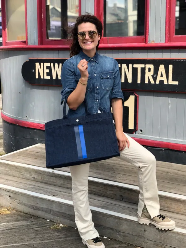 East-West Bag: Denim with Navy/Royal Blue Color Stripe sold by Quilted Koala