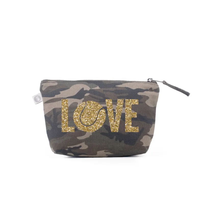 Makeup Bag Green Camo with Gold Glitter Tennis LOVE sold by Quilted Koala