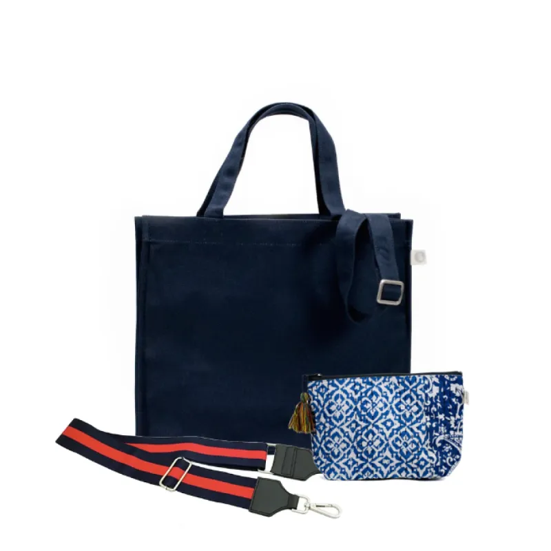 Navy Magazine Bag with Navy/Red Strap & Blue Boho Makeup Bag (Only $64, plus a FREE Strap + Makeup Bag with code: FALL64) sold by Quilted Koala