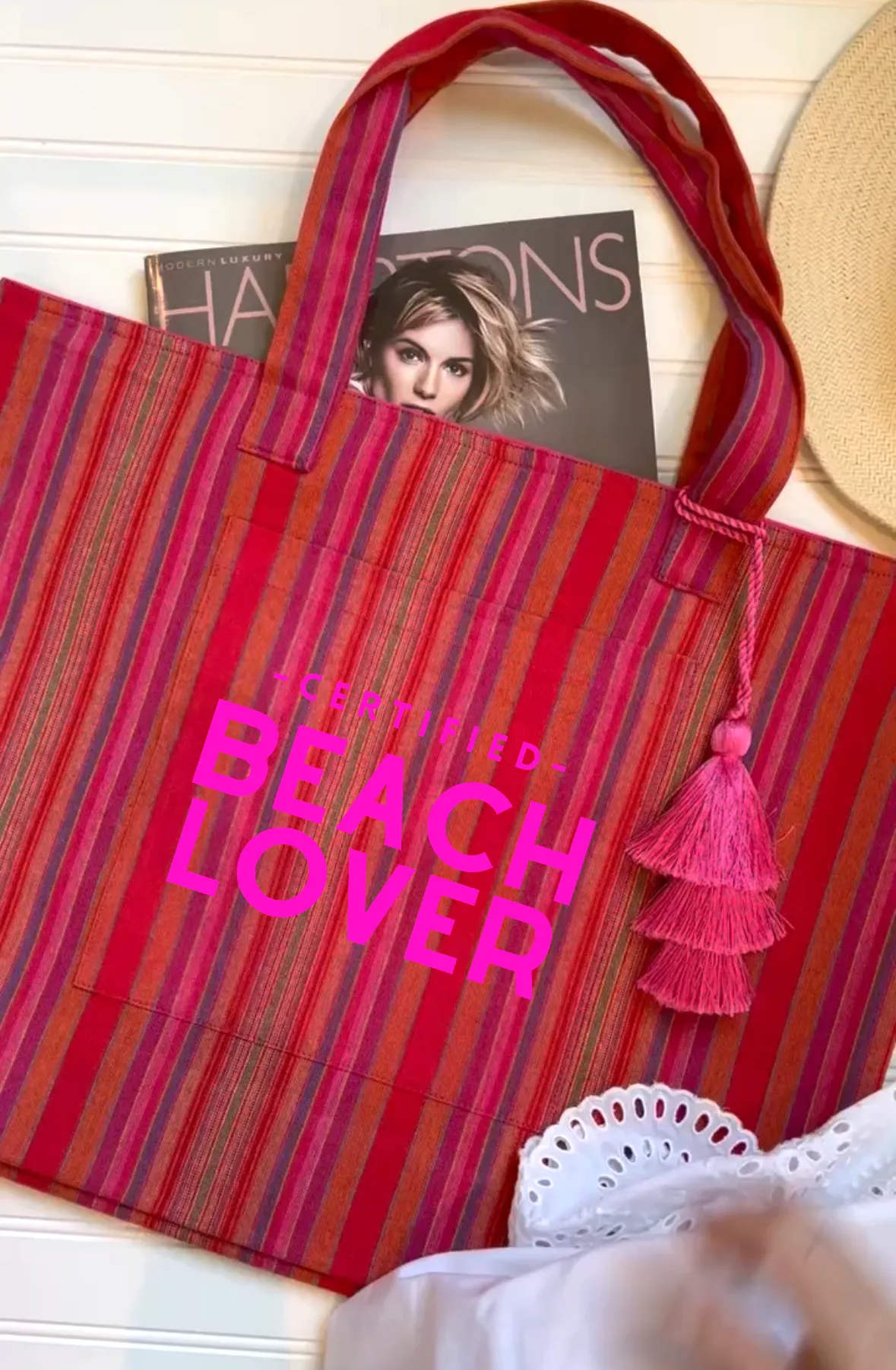 Pink Happy Stripe Everything Bag - Neon Pink Matte Certified Beach Lover sold by Quilted Koala