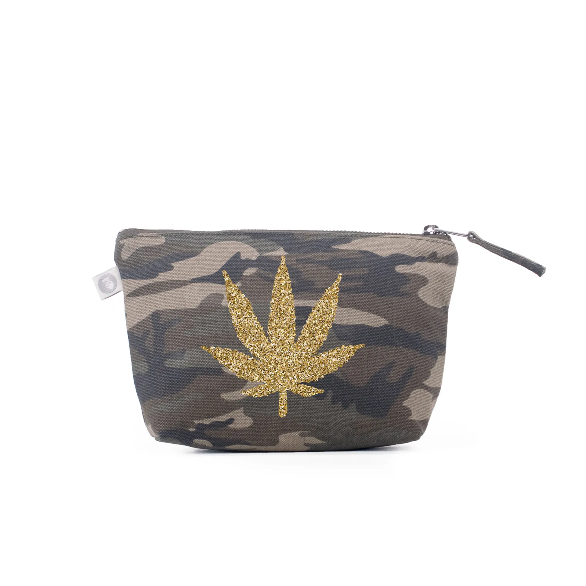 Makeup Bag: Green Camo with Gold Glitter Pot Leaf sold by Quilted Koala