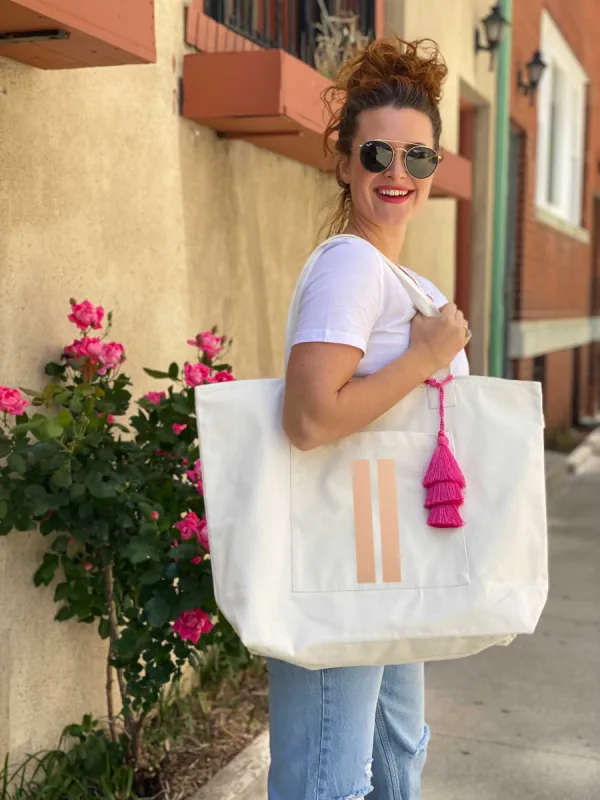 Special Bundle: Natural Everything Bag with Rose Gold Double Stripe + FREE PINK Tassel sold by Quilted Koala