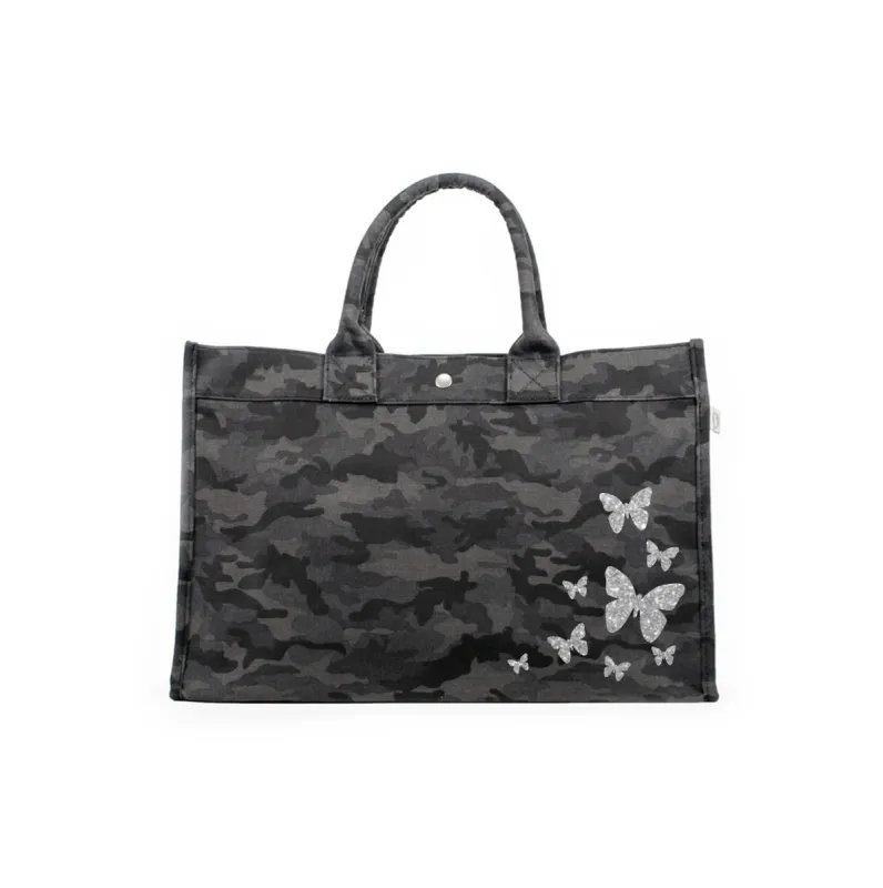 East West Bag: Black Camo with Silver Glitter Scatter Butterflies sold by Quilted Koala