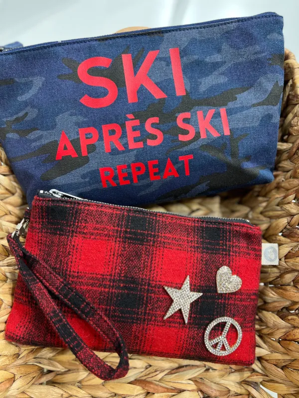 Clutch Bag: Dark Blue Camo with Red SKI, APRES SKI, Repeat sold by Quilted Koala