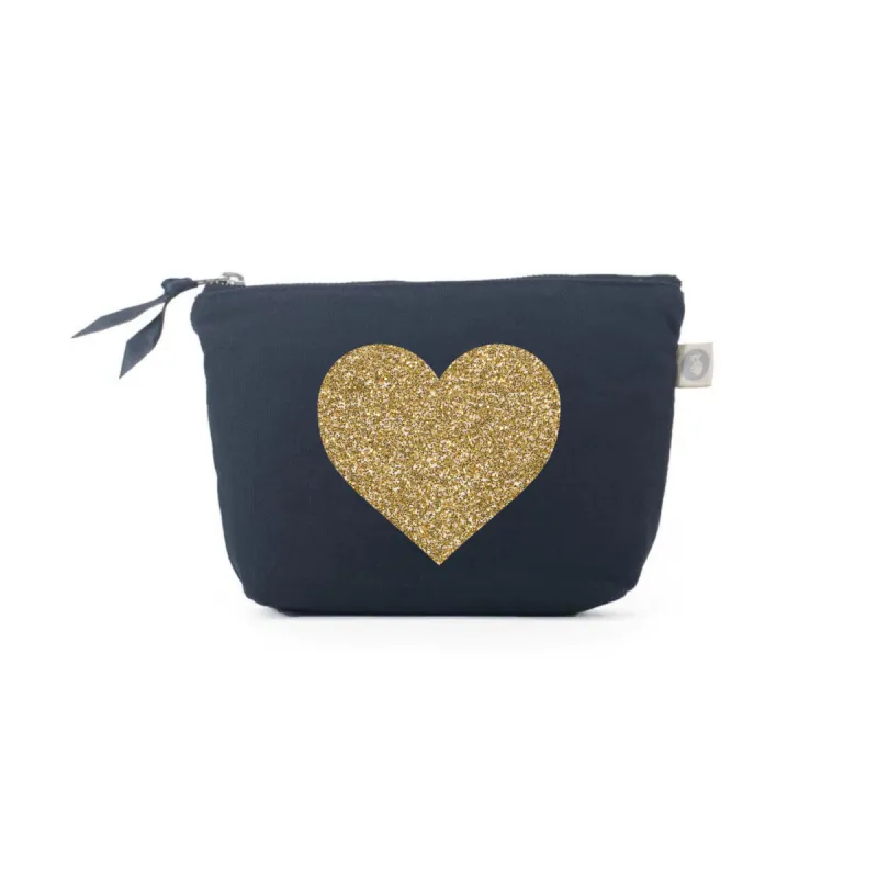 Navy Makeup Bag Gold Glitter Heart sold by Quilted Koala
