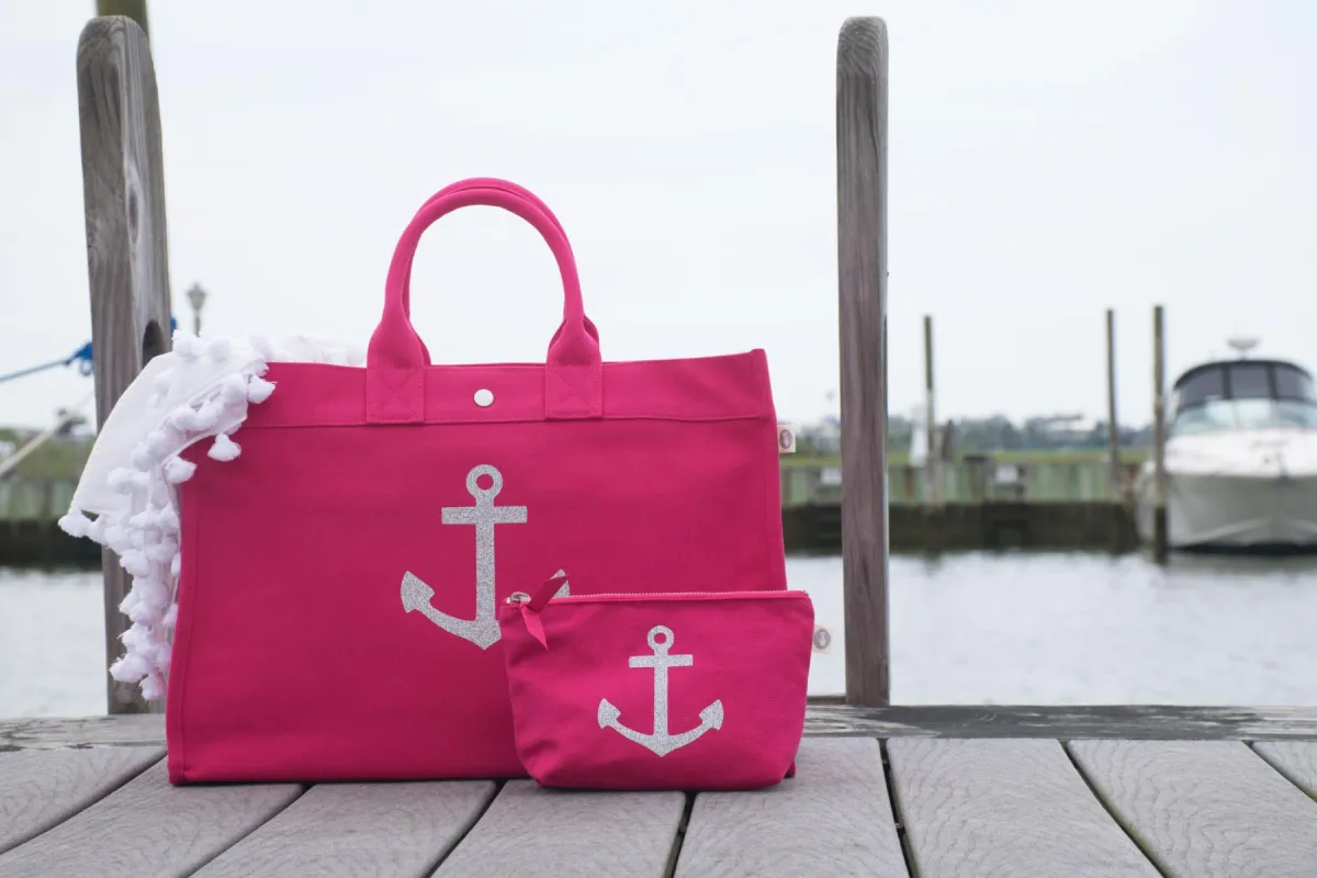 East-West Bag Hot Pink with Silver Anchor sold by Quilted Koala