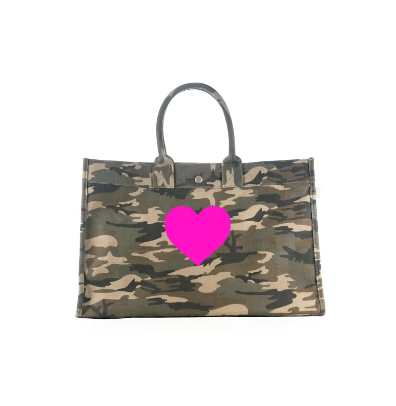 East-West Bag Green Camouflage with Neon Pink Matte Heart Just $96 with code LOVE sold by Quilted Koala