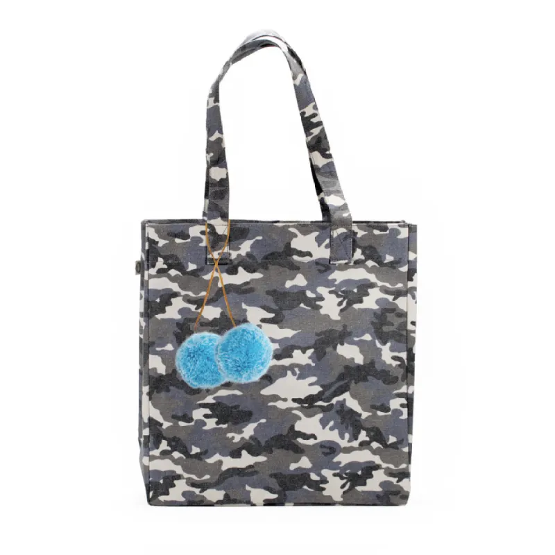 Upright Bag: Grey Camouflage with Light Blue Pom Poms sold by Quilted Koala