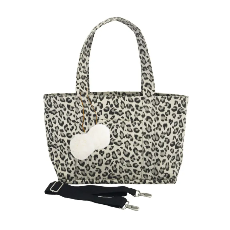 Midi Zipper Tote: Leopard with Cream Pom Poms sold by Quilted Koala