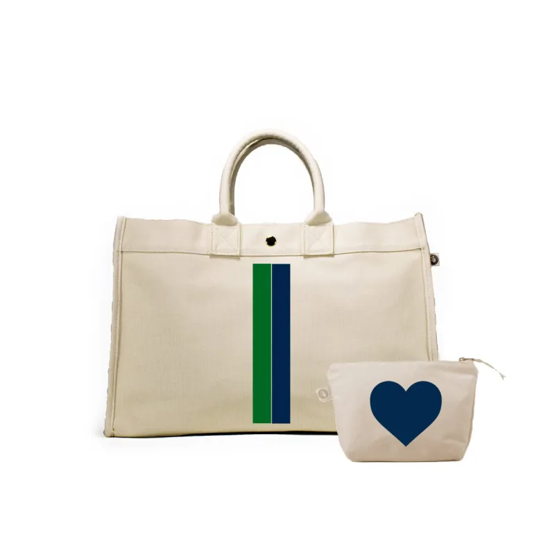 Natural East West Bag with Navy & Kelly Green Stripes (+ FREE Natural Makeup with Navy Heart) sold by Quilted Koala