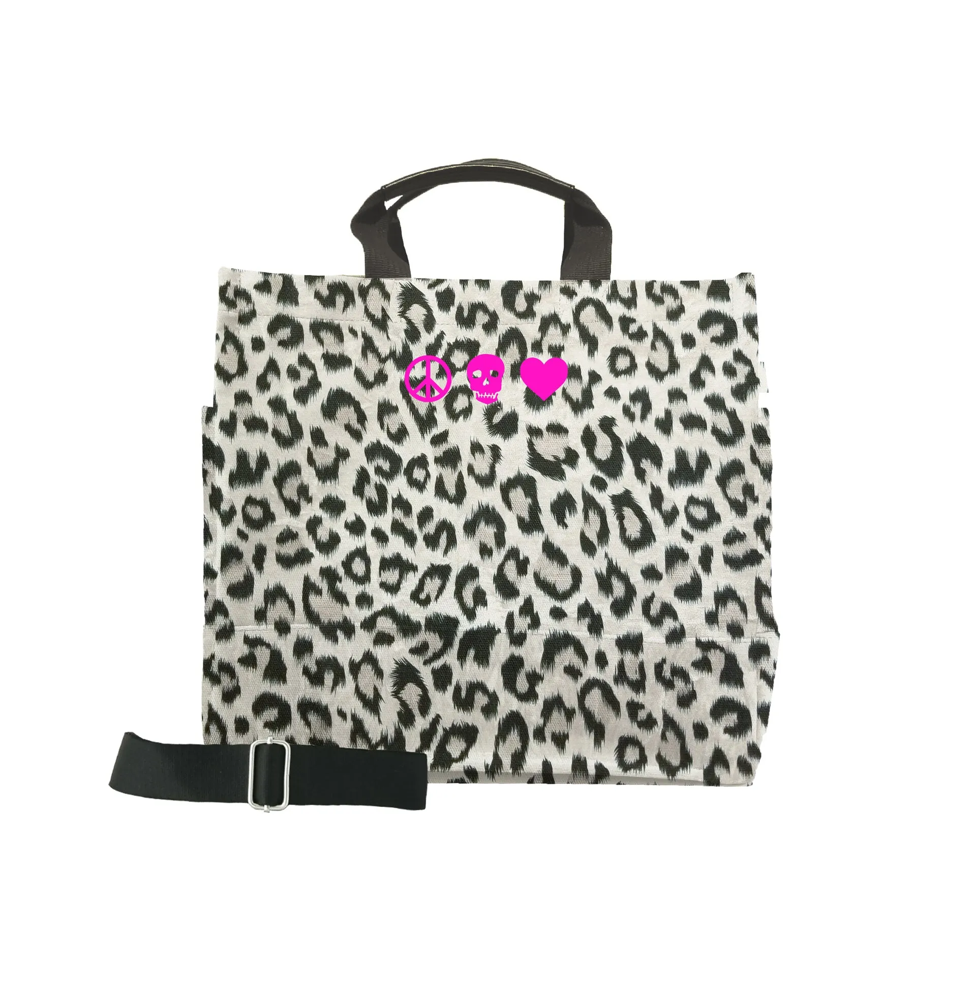 Luxe North South: Leopard with Pink Micro Peace, Skull, Heart sold by Quilted Koala