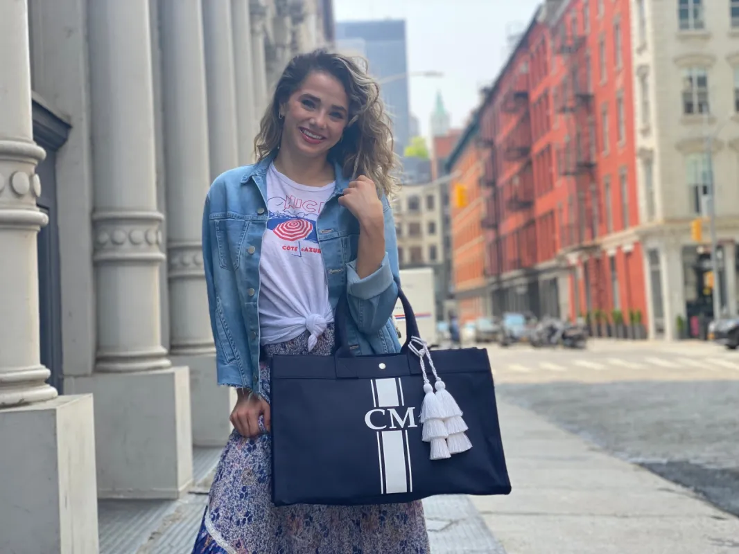 Monogram Stripe: East West Bag sold by Quilted Koala