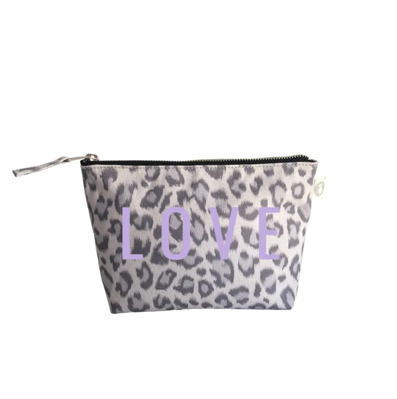Makeup Bag: Grey Leopard with Lilac Matte LOVE sold by Quilted Koala