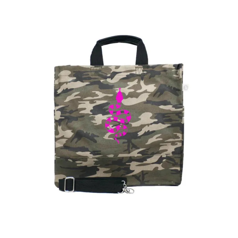 Luxe North South Bag: Green Camo with Neon Pink Matte Snake sold by Quilted Koala
