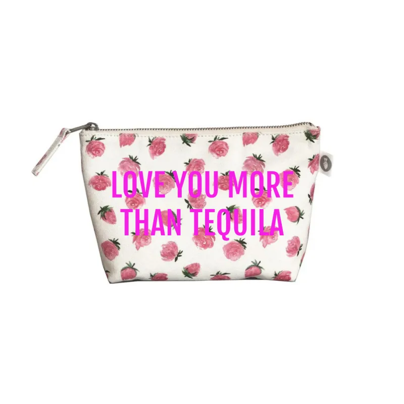 White Floral Makeup Bag Neon Pink LOVE YOU MORE THAN TEQUILA sold by Quilted Koala