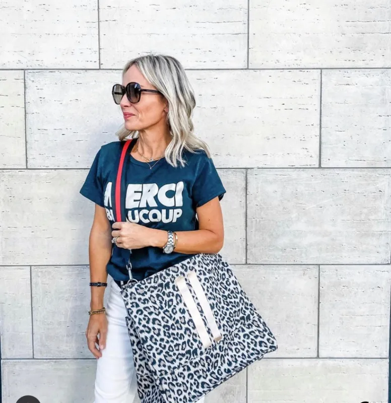 Luxe North South: Leopard with Rose Gold Double Stripes and Black and Red Strap sold by Quilted Koala