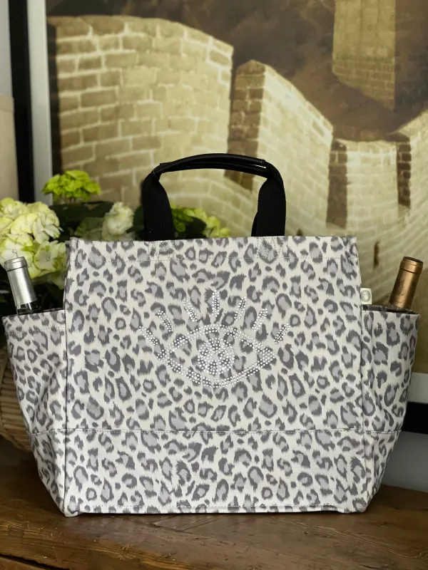 Luxe North South Bag- Grey Leopard with Silver Crystal Evil Eye made by Quilted Koala
