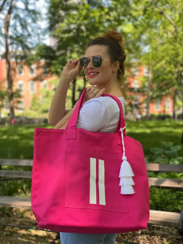 Special Bundle: Hot Pink Everything Bag with White Matte Double Stripe + FREE White Tassel sold by Quilted Koala