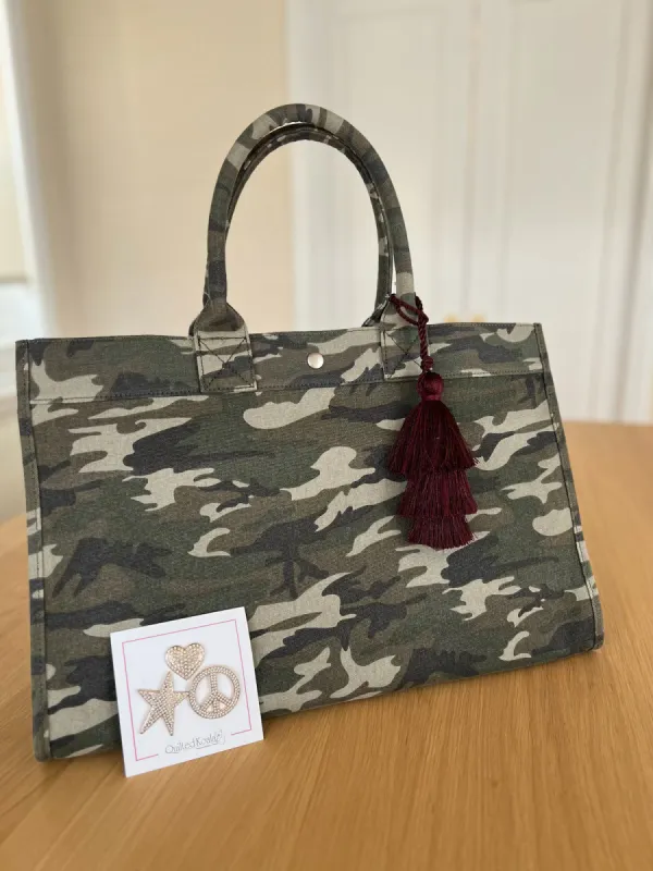 Green Camo East West Bag + FREE Bordeaux Tassel + FREE Gold Jewelry Pins sold by Quilted Koala