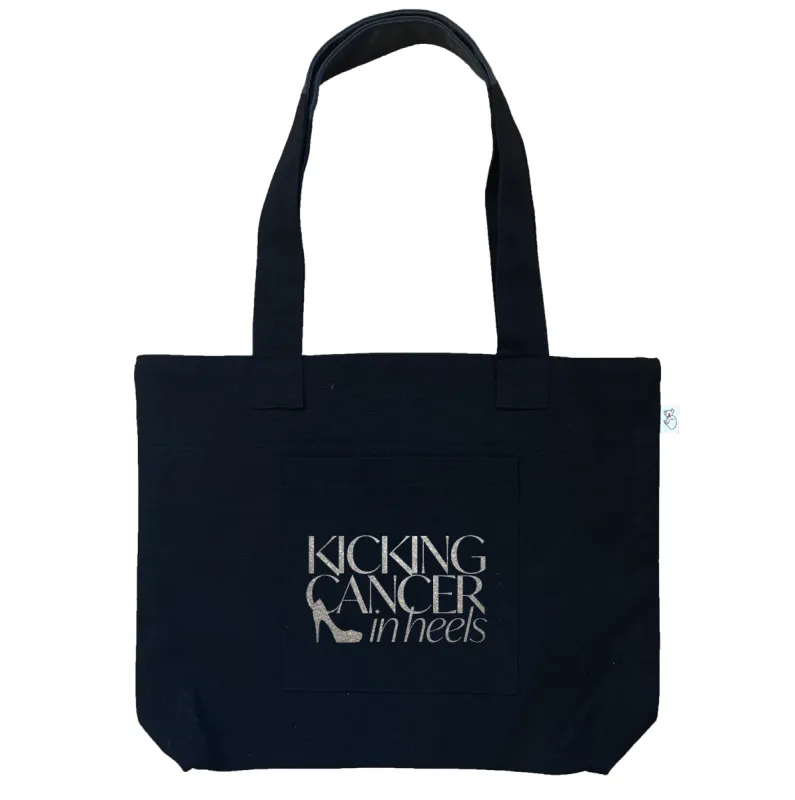 Kicking Cancer in Heels Midi Everything Bag- Silver Glitter on Black sold by Quilted Koala