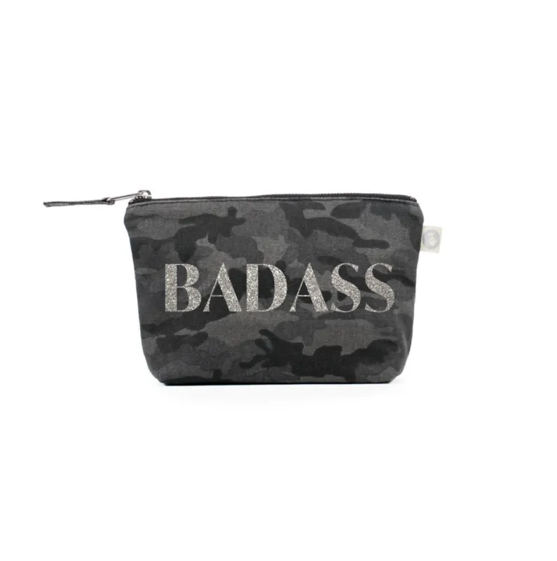 BADASS Makeup Bag- Silver Glitter on Black Camo sold by Quilted Koala