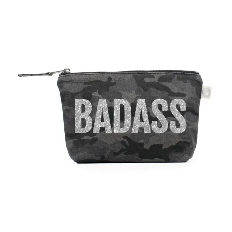 BADASS Makeup Bag Black Camo with Silver Glitter sold by Quilted Koala