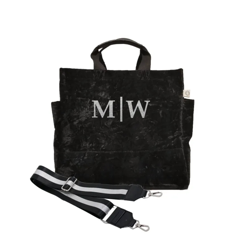 Split Letter Monogram Black Crushed Velvet North South Bag With Stripe Strap sold by Quilted Koala