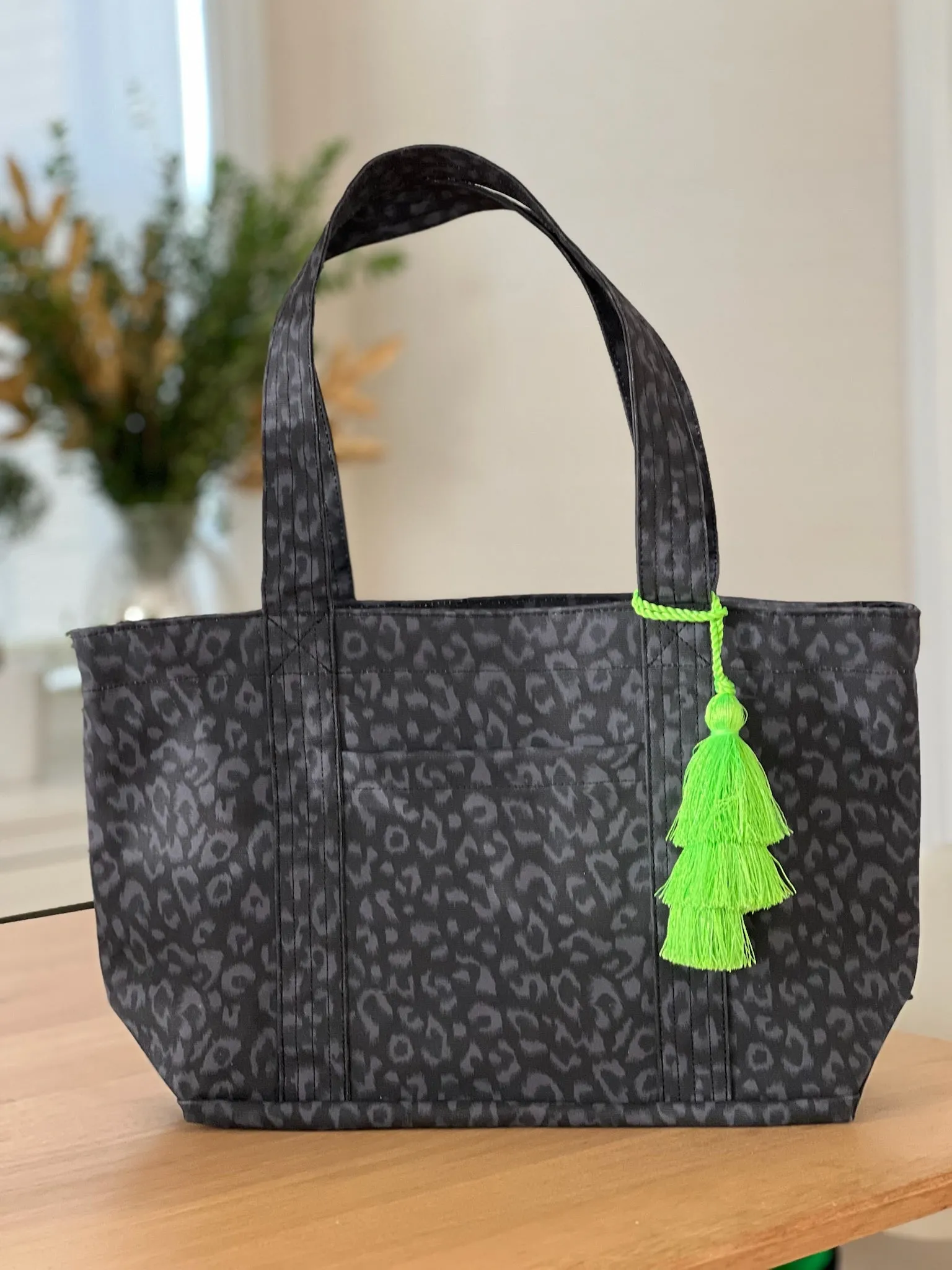 Black Leopard Midi Zipper Tote + FREE Neon Green Tassel sold by Quilted Koala