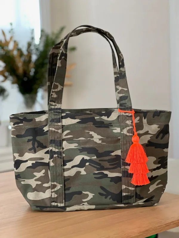 Green Camo Midi Zipper Tote + FREE Orange Tassel sold by Quilted Koala