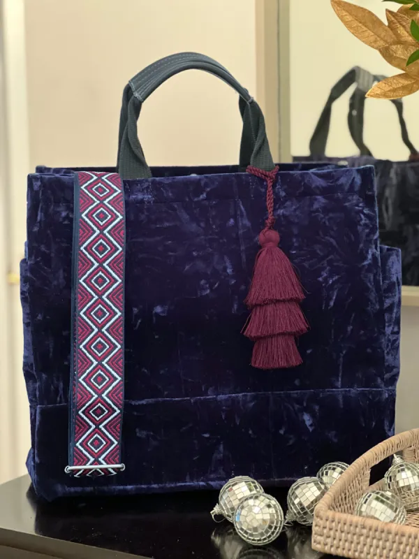 Holiday Bundle: Navy Blue Velvet Luxe North South Bag + FREE Bordeaux Tassel + FREE Navy/Wine Geometric Strap sold by Quilted Koala