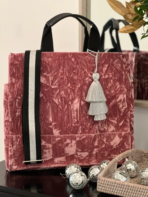 Pink Velvet Luxe North South Bag + FREE Silver Tassel + FREE Black/Silver Stripe Strap sold by Quilted Koala