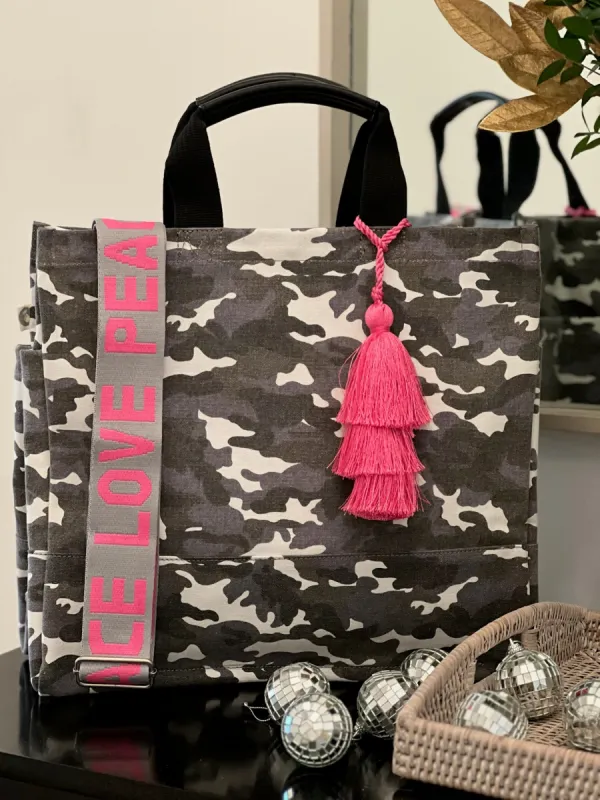 Grey Camo Luxe North South Bag + FREE Pink Tassel + FREE White Heart Charm +FREE Pink/Grey PEACE LOVE Strap sold by Quilted Koala