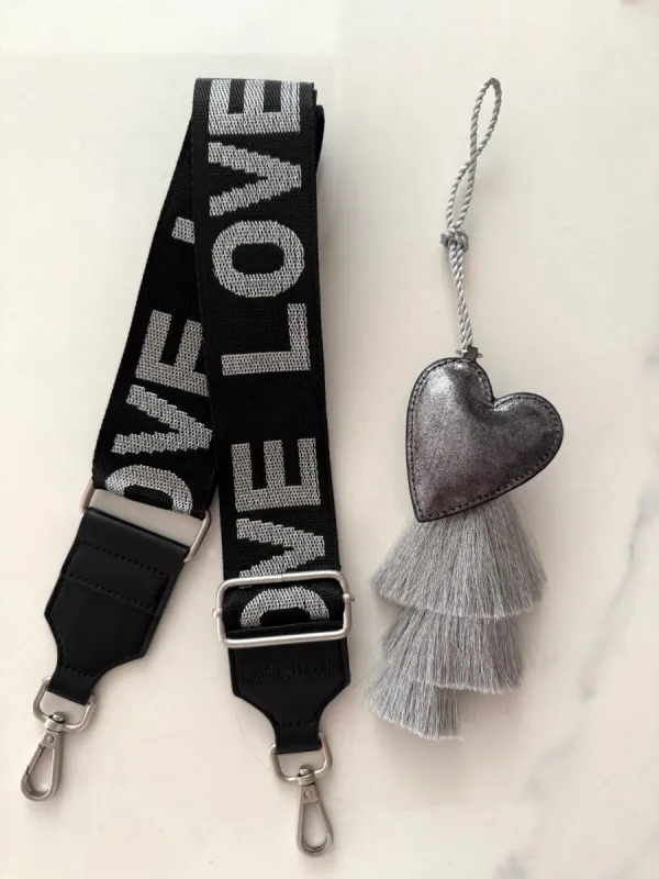 Accessory Bundle: Silver Tassel + Gunmetal Heart Charm + Black/Silver LOVE Strap sold by Quilted Koala