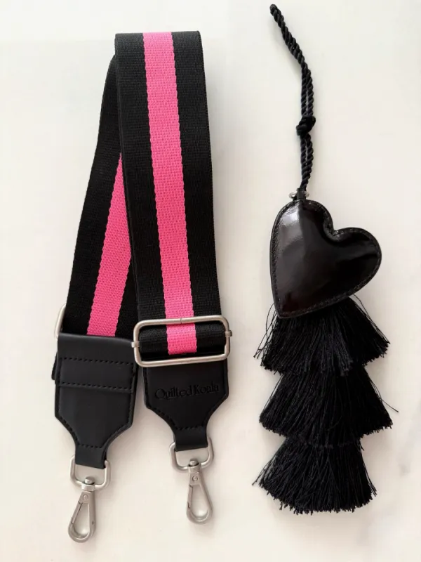 Accessory Bundle: Black Tassel + Black Heart Charm + Black/Pink Stripe Strap sold by Quilted Koala