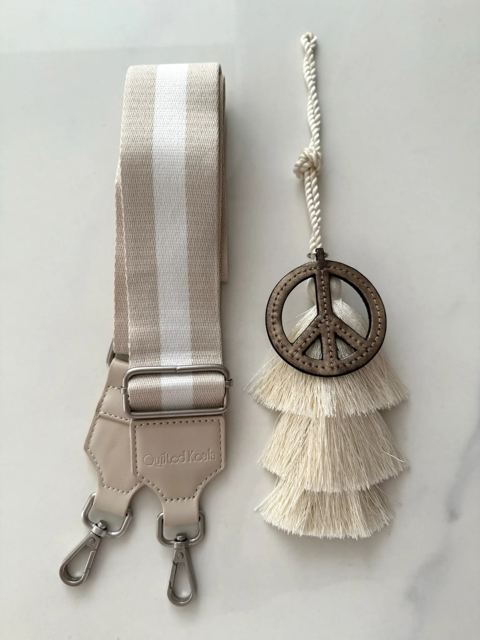 Accessory Bundle: Natural Tassel + Gold Peace Charm + Tan/Cream Stripe Strap sold by Quilted Koala