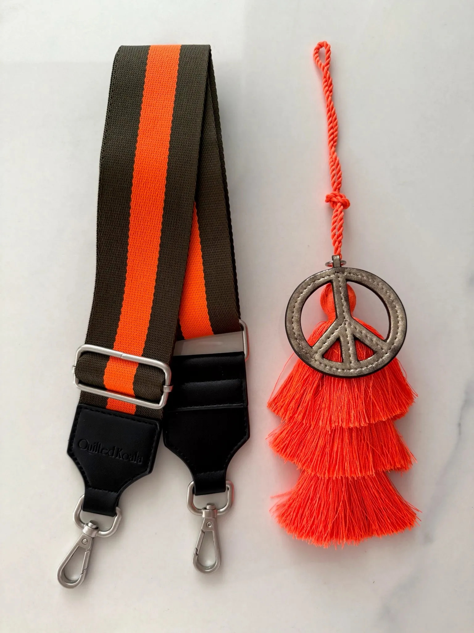 Accessory Bundle: Orange Tassel + Gold Peace Charm + Olive/Orange Stripe Strap sold by Quilted Koala