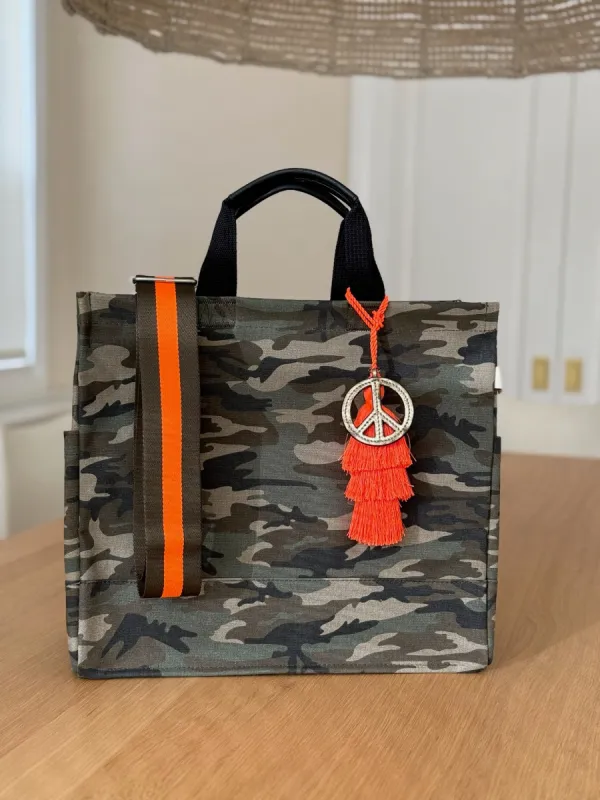 Stephanie's Pick: Green Camo Luxe North South Bag + FREE Orange Tassel + FREE Gold Peace Charm + FREE Olive/Orange Stripe Strap sold by Quilted Koala