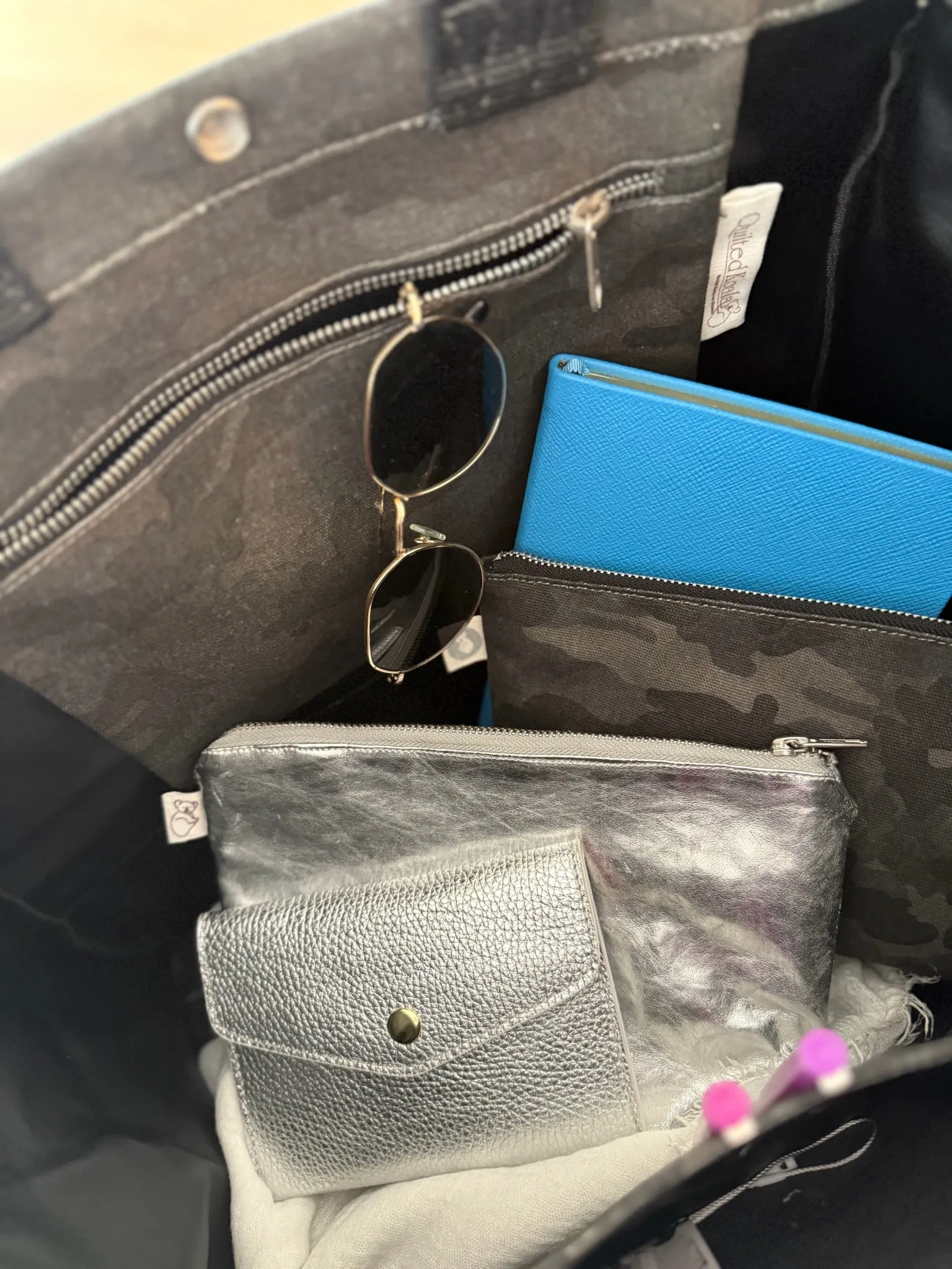 Stephanie's Pick: Black Camo Luxe North South Bag + FREE Black Tassel + FREE Black Heart Charm + FREE Black/Pink Stripe Strap sold by Quilted Koala product image thumbnail 2