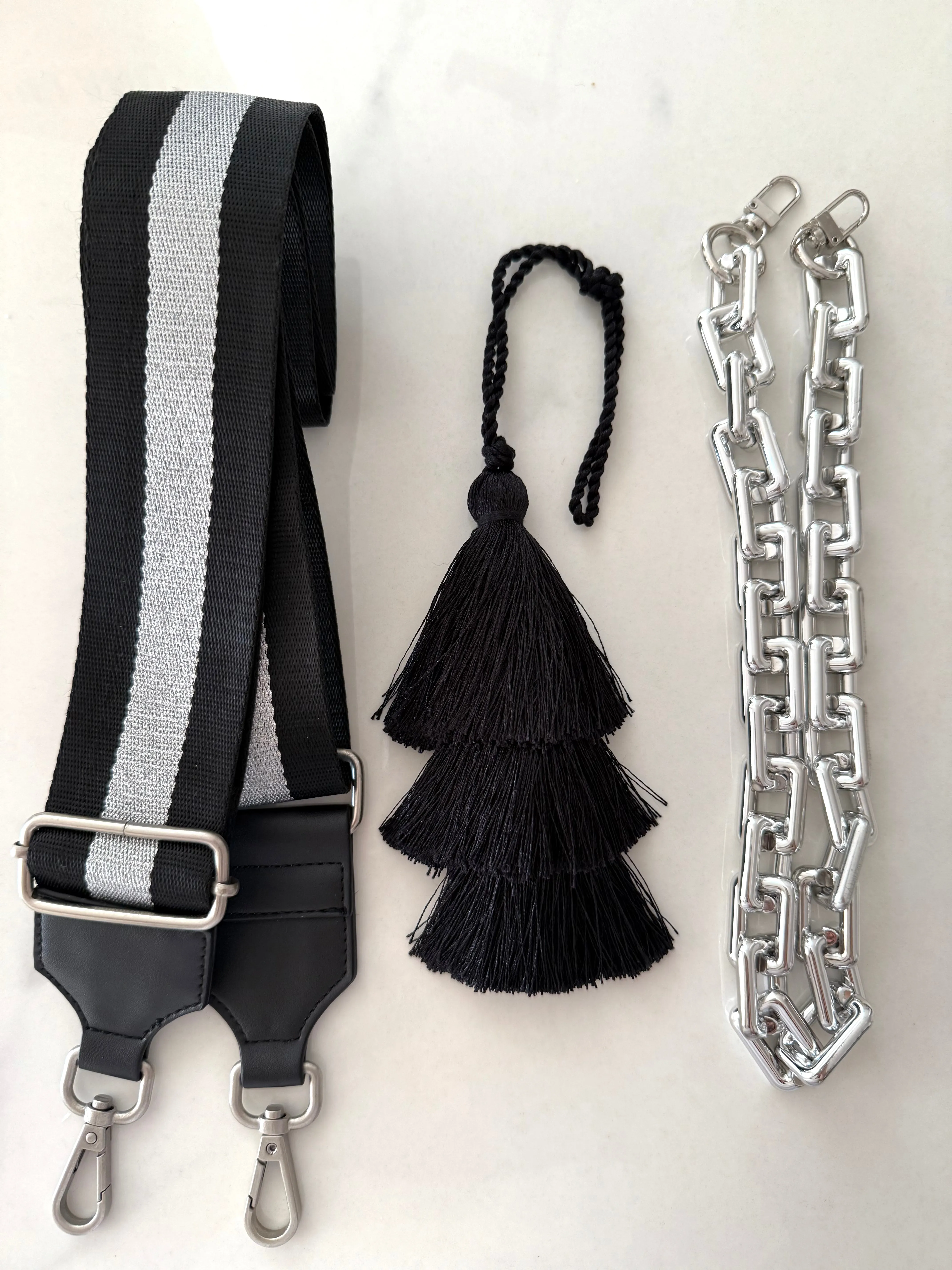 Accessory Bundle: Black Tassel + SILVER Chain + Black/Silver Stripe Strap sold by Quilted Koala