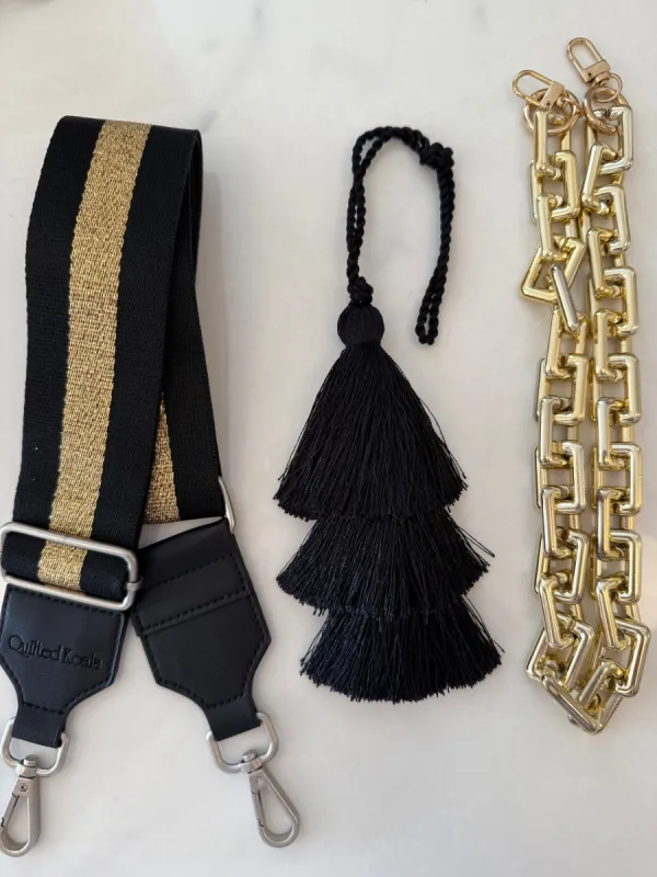 Accessory Bundle: Gold Tassel + Black Heart Charm + Black/Gold Stripe Strap sold by Quilted Koala