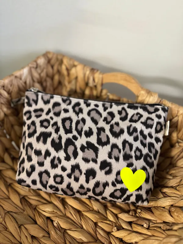 Leopard Makeup Bag with Neon Yellow Matte Petite Heart sold by Quilted Koala